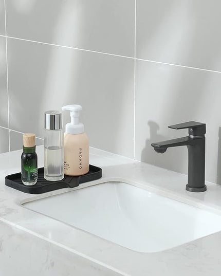Silicone Bathroom Soap Dishes with Drain Spout-Bathroom and Kitchen Sink Organizer,Sponge Holder,Dish Soap Tray,Perfect for Dispenser,Scrubber,Bottle,Cup on Sink or Counter-Black 9.6"×5.3"