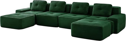 Hommoo 153" Oversized Sectional Sofa, Modular U Shaped Couch with Ottoman, Comfy Corduroy Couches with Deep Seat, 6 Seat Convertible Boneless Sofa for Living Room No Assembly Required Green