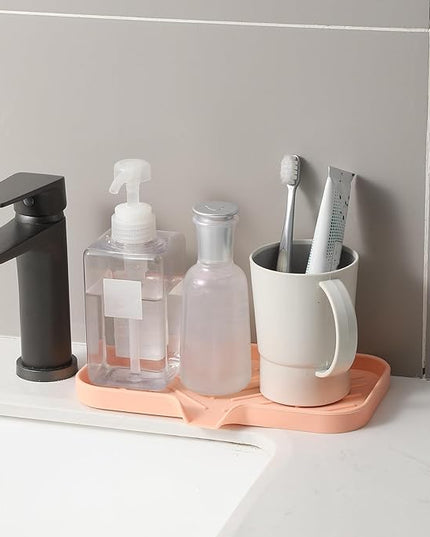 Silicone Bathroom Soap Dishes with Drain Spout-Bathroom and Kitchen Sink Organizer,Sponge Holder,Dish Soap Tray,Perfect for Dispenser,Scrubber,Bottle,Cup on Sink or Counter-Pink 9.6"×5.3"