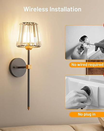 Crystal Battery Operated Wall Sconces Set of 2, Black and Gold Rechargeable Wireless Wall Lights with Crystal Lampshade, 12 RGB and 3CCT Dimmable Wall Lamps with Remote for Bedroom Living Room Hallway