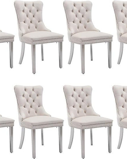 SoarFlash Velvet Dining Chair Set of 8, Upholstered Tufted Dining Room Chair with Nailhead Trim and Solid Silver Plated Leg for Kitchen (Beige)