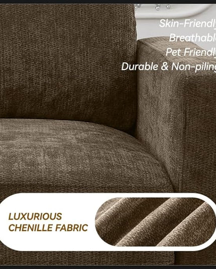 44.2" Chenille Oversized Chair with Movable Ottoman, Modular 1 Seat Couch with Thickened Cushions, Modern Single Sofa Chaise Lounge Reading Chair for Living Room, Small Apartment, Brown