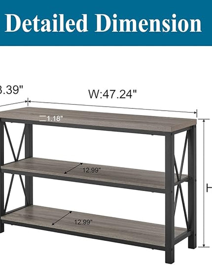 BON AUGURE Rustic Sofa Table Behind Couch, Industrial Console Tables for Entryway, 3 Tier Wood Shelves Entry Table with Storage for Foyer, Hallway, Front Door (47 Inch, Dark Grey Oak)