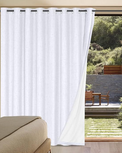 H.VERSAILTEX White Linen Blackout Curtains Durable Thick Textured Linen Look 100% Blackout Patio Door Curtain Anti Rust Grommet Extra Wide Sliding Door Curtain Panel, W100 x L84 inch- Bright White