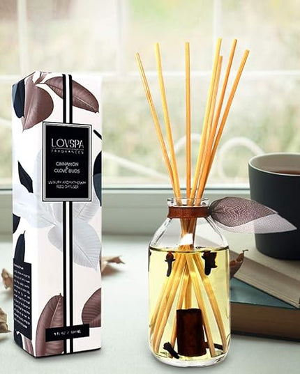 LOVSPA Reed Diffuser Set, Cinnamon & Clove Buds Scented Oil Diffuser with Sticks, Home Fragrance Accessories for Bathroom Shelf Decor, Aroma Diffusers for Home or Office Fall Decor, USA Made