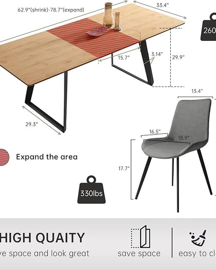 ZckyCine 63"-79" Expandable Dining Table Set for 6, Modern Oak Wood Table & 6 Grey Chairs – Extendable Dining Set for Kitchen & Dining Room