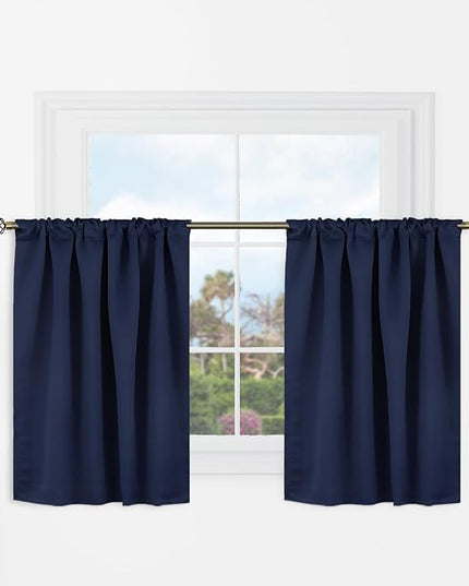 BGment Short Kitchen Curtains 36 Inch Length for Half Windows - 34 x 36 inch Curtains Rod Pocket and Back Tab Thermal Insulated Room Darkening Curtain for Cafe Room, 2 Window Panels, Navy