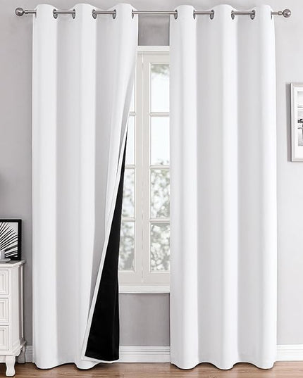 ChrisDowa White 100% Blackout Curtains for Bedroom with Black Liner, 2 Thick Layers Total Blackout Thermal Insulated Grommet Window Curtains 2 Panels Set (Pure White, 42 x 84 Inch)