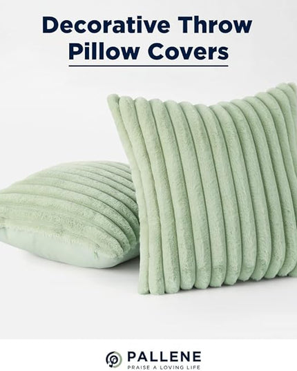 Pallene Faux Fur Plush Throw Pillow Covers 26x26 Set of 2, Luxury Soft Fluffy Striped Decorative Pillow Covers for Sofa, Couch, Living Room, Sage Green