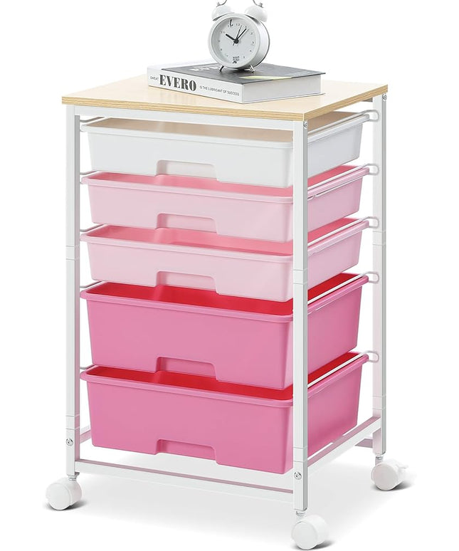 Utility Cart with 5 Drawers,Storage Drawer Cart with Wooden Tabletop and Lockable Wheels,Craft Storage Trolley Cart,5-Tier Rolling Utility Cart on Wheels,Rose Pink