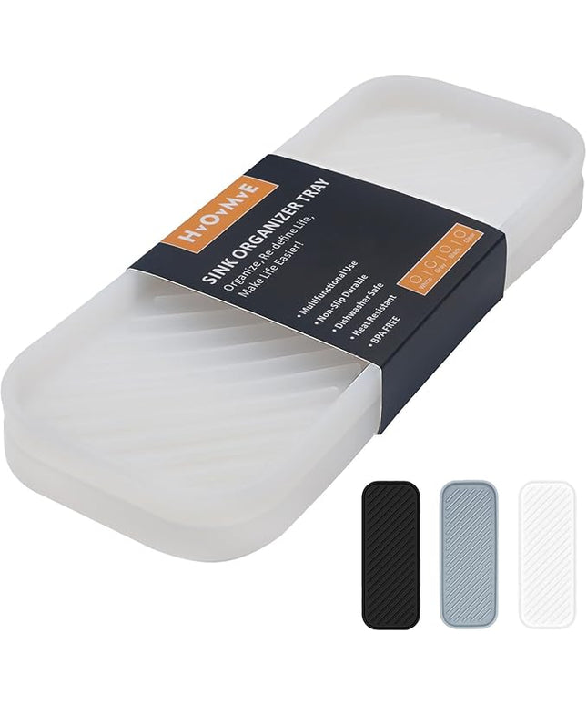 Silicone Organizer Tray, Soap and Sponge Holder for Kitchen Sink, Bathroom - Storage Tray for Dish Brush, Soap Dispenser, Dishwashing Accessories- 2 Pack (Clear)