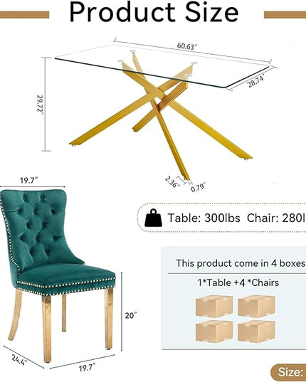 60" Glass Dining Table Set for 4, Modern Dining Room Table Set for 4, Gold X-Shape Pedestal Glass Table with 4pcs Green Dining Chairs, 5 Piece Dining Set for Dining Living Room