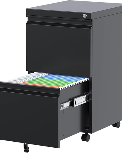 METAN 2 Drawer File Cabinet with Lock, Mobile Under Desk Filing Cabinet for Office Legal/Letter Size, Fully Assembled Except Wheels,Black