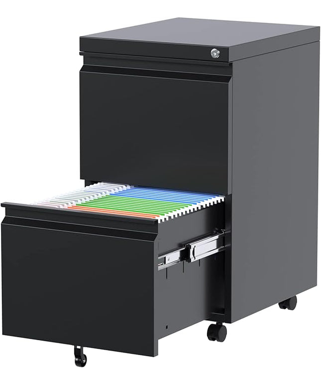 METAN 2 Drawer File Cabinet with Lock, Mobile Under Desk Filing Cabinet for Office Legal/Letter Size, Fully Assembled Except Wheels,Black
