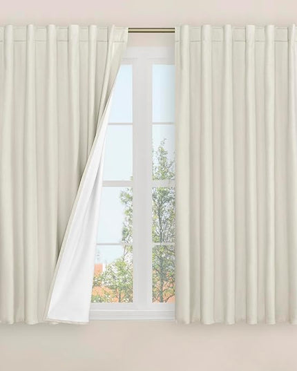 LAMIT Polyester Full Blackout Window Curtains for Bedroom, 54 Inches Thermal Farmhouse Curtains Back Tab and Rod Pocket Privacy Protected Burlap Panels with White Liner, 2 Panels, 52 x 54 Inch, Ivory