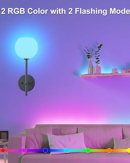 Black Battery Operated Wall Sconces Set of 2, Rechargeable Wireless Wall Lights with Milky White Frosted Glass Shade, 12 RGB and 3CCT Dimmable, Wall Lamps with Remote for Bedroom Living Room Hallway