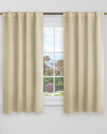 BGment Black Out Curtains 48 Inch Long for Cafe - 34 x 48 inch Blackout Curtains Thermal Insulated Room Darkening Rod Pocket and Back Tab Drapes for Kitchen/Bedroom, 2 Window Panels, Beige