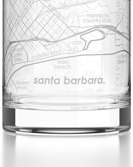 Well Told Engraved Santa Barbara California Map Rocks Glass, Old Fashioned Glassware (11 oz, Clear) Etched Bourbon Tumbler, Gifts For Whiskey Lovers