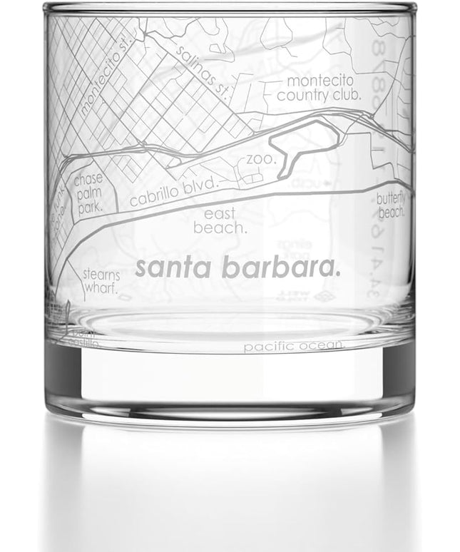 Well Told Engraved Santa Barbara California Map Rocks Glass, Old Fashioned Glassware (11 oz, Clear) Etched Bourbon Tumbler, Gifts For Whiskey Lovers