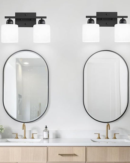 2 Light Black Bathroom Light Fixture, Modern Bathroom Lights with Milky White Frosted Glass Shades for Mirror Living Room Bedroom Hallway E26 Base