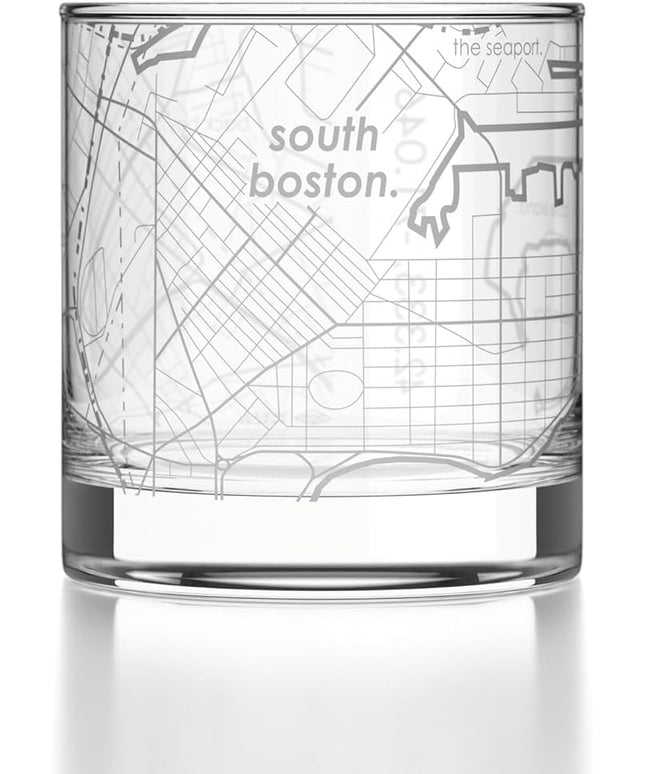 Well Told Engraved South Boston Massachusetts Map Rocks Glass, Old Fashioned Glassware (11 oz, Clear) Etched Bourbon Tumbler, Gifts For Whiskey Lovers