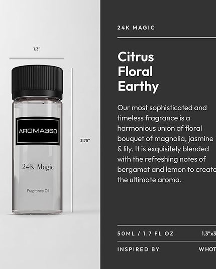 Aroma360-24K Magic Fragrance Oil Blend 50ML | Hotel Inspired Luxury Essential Oil Diffusers | Aromatherapy Scent Diffuser Oil | Citrus Beginning of Bergamot, Lemon & Lemongrass with Notes of Jasmine
