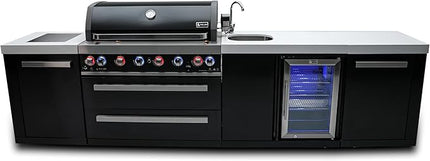 Mont Alpi MAi805-BSSBEV 6-Burner 115000 BTU Black Stainless Steel Island Outdoor Kitchen Gas Barbecue Grill with Beverage Center - Granite Countertops + Storage Drawers and Cabinets + Faucet & Sink