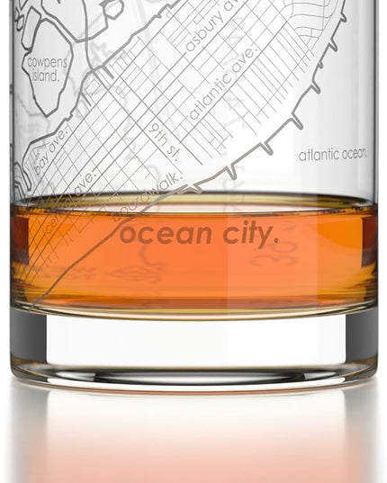 Well Told Engraved Ocean City New Jersey Map Rocks Glass, Old Fashioned Glassware (11 oz, Clear) Etched Bourbon Tumbler, Gifts For Whiskey Lovers