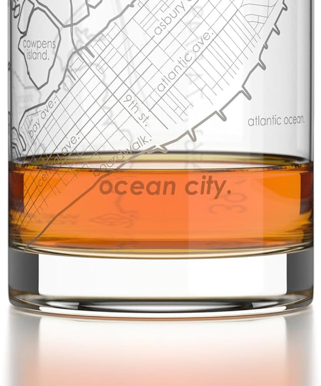 Well Told Engraved Ocean City New Jersey Map Rocks Glass, Old Fashioned Glassware (11 oz, Clear) Etched Bourbon Tumbler, Gifts For Whiskey Lovers