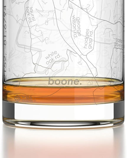 Well Told Engraved Boone North Carolina Map Rocks Glass, Old Fashioned Glassware (11 oz, Clear) Etched Bourbon Tumbler, Gifts For Whiskey Lovers
