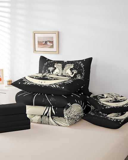 Feelyou 7 Piece Sun and Moon Bed in a Bag King for Boys Kids Rustic Garden Sheet Set,Constellation Galaxy for Girls Women Gemini Galaxy Bedding Set with Comforter Boho Mandala Cushion Covers