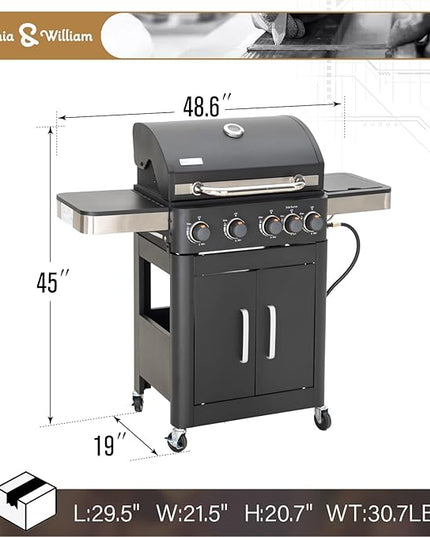 Sophia & William 4-Burner Gas BBQ Grill with Side Burner & Porcelain-Enameled Cast Iron Grates, Outdoor Cooking Propane Grills Cabinet Style Garden Barbecue Grill, 46,700BTU, Black