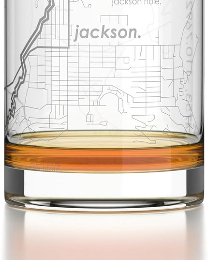 Well Told Engraved Jackson Wyoming Map Rocks Glass, Old Fashioned Glassware (11 oz, Clear) Etched Bourbon Tumbler, Gifts For Whiskey Lovers