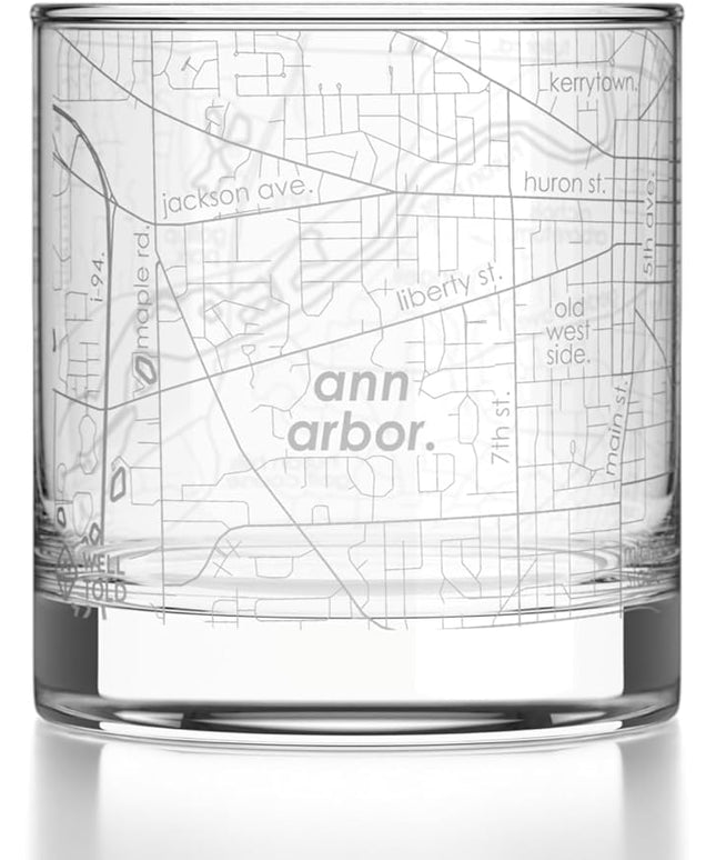 Well Told Engraved Ann Arbor Michigan Map Rocks Glass, Old Fashioned Glassware (11 oz, Clear) Etched Bourbon Tumbler, Gifts For Whiskey Lovers