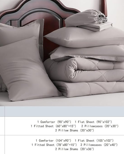 NTBAY Queen Comforter Set with Sheets, 7 Pieces Soft and Breathable Queen Bedding Set, Bed in a Bag, Down Alternative Comforter Set Solid Color All Season, Queen Bedding Set, Smoke Grey