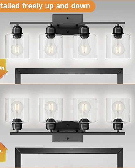 Modern 4 Light Bathroom Light Fixtures, 24 inch Black Vanity Lights for Bathroom with Clear Glass, Bathroom Vanity Light for Mirror Kitchen Living Room Hallway Cabinet Porch