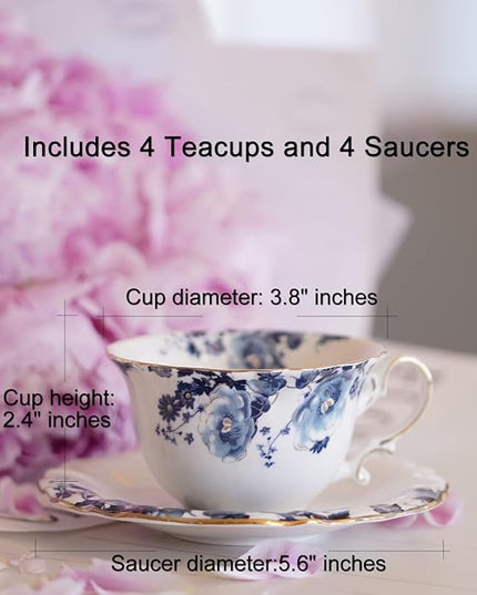 Jomop Ceramic Tea Cups Coffee Cup and Saucers Set of 4 (Blue and White)