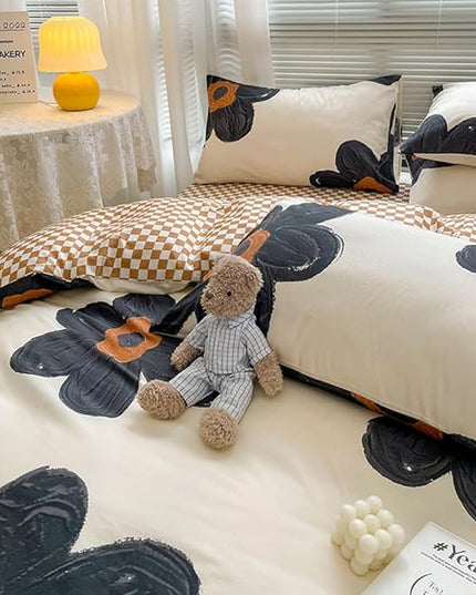 CLOTHKNOW Black Floral Full Size Comforter Sets Sunflower Bedding Comforter Sets Pumpkin Plaid Comforter Beige Black Comforter with 2 x Pillow Cases