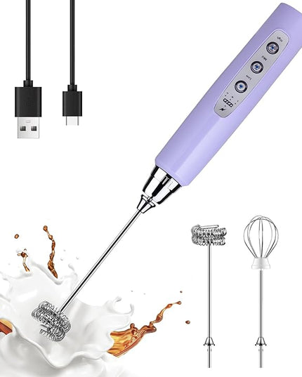 YUSWKO Light Purple Handheld Milk Frother Wand for Coffee, Rechargeable Electric Whisk with 3 Heads 3 Speeds Drink Mixer Coffee Frother For Latte, Cappuccino, Hot Chocolate, Egg