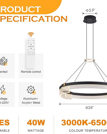 Modern LED Pendant Light Dimmable Black LED Chandelier for Dining Room Pendant Light Fixture Over Table Modern Chandelier Kitchen Island Living Room Entryway, 24 inch 3000K-6500K