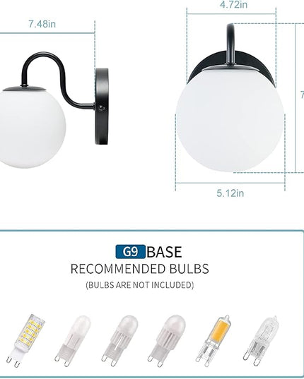 Industrial Bedroom Wall Sconce Black Indoor Wall Light Fixture Milk White Globe Glass Wall Lamp for Bathroom Kitchen Living Room Vanity Hallway (Exclude Bulb)