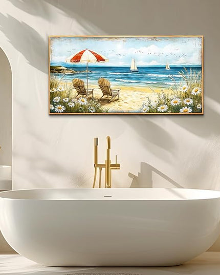 ERQINHUA Large Canvas Wall Art For Living Room Bedroom Wall Decor Office Blue Seaside Landscape Painting Wood Frame Room Bathroom Dining Room Prints Artwork Picture Home Wall Decoration 20x40 In