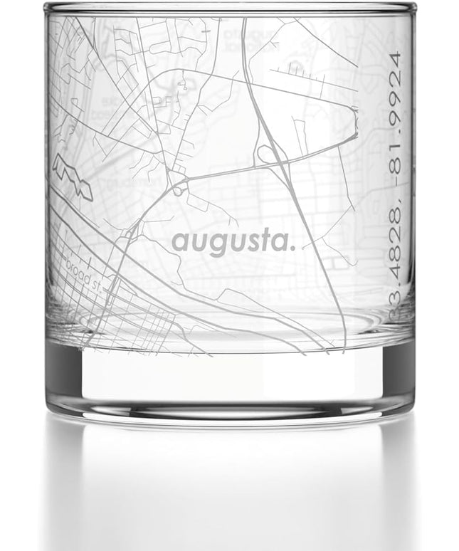 Well Told Engraved Augusta Georgia Map Rocks Glass, Old Fashioned Glassware (11 oz, Clear) Etched Bourbon Tumbler, Gifts For Whiskey Lovers