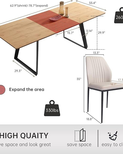 63"-79" Expandable Dining Table Set for 6, Wood Table & 6 White Chairs, Extendable Kitchen Dining Table Set for Kitchen & Dining Room, Modern Oak & White