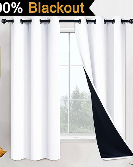 Yakamok Full Blackout Curtains 63 Inches Long,Blackout Curtain Panels for Bedroom, 2 Thick Layers Grommet Top Thermal Insulated Drapes with Black Liner for Living Room(42Wx63L, Pure White, 2 Panels)