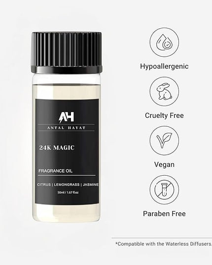 24K Magic Diffuser Oil 50ml – Hotel Inspired Aromatherapy Scent – Citrus, Lemongrass, Jasmine – Home Luxury Fragrance Oil by Antal Hayat – Essential Oil Blend for Diffusers