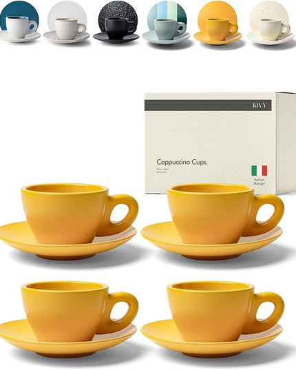 KIVY Cappuccino Cups Set of 4 [Set 4x 8oz] - Thick-Walled Stoneware Cappuccino Cup Set for Latte Art - Latte Art Mugs - Italian Capuccino Cups - Capuccino Ceramic Latte Cup and Saucer - Yellow