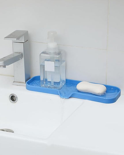 Silicone Bathroom Soap Dishes with Drain Spout-Bathroom and Kitchen Sink Organizer,Sponge Holder,Dish Soap Tray,Perfect for Dispenser,Scrubber,Bottle,Cup on Sink or Counter-Lichen Blue 12"×4"