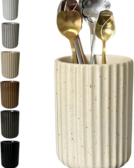 Stoneware Coffee Bar Utensil Holder Tea & Coffee Spoon & Stirrer Holder for Stir Stick Straw Teaspoon Holder Spoon Cup Small Utensil Jar Fluted Vertical Stripe (Speckled Beige)