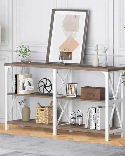 IBF Farmhouse Entryway Table, Wood TV Console Table, Long Rustic Metal Sofa Table, Industrial Hallway Table with Storage Shelves, Modern Foyer Tables for Front Entry Way, White and Rustic Oak, 55 in